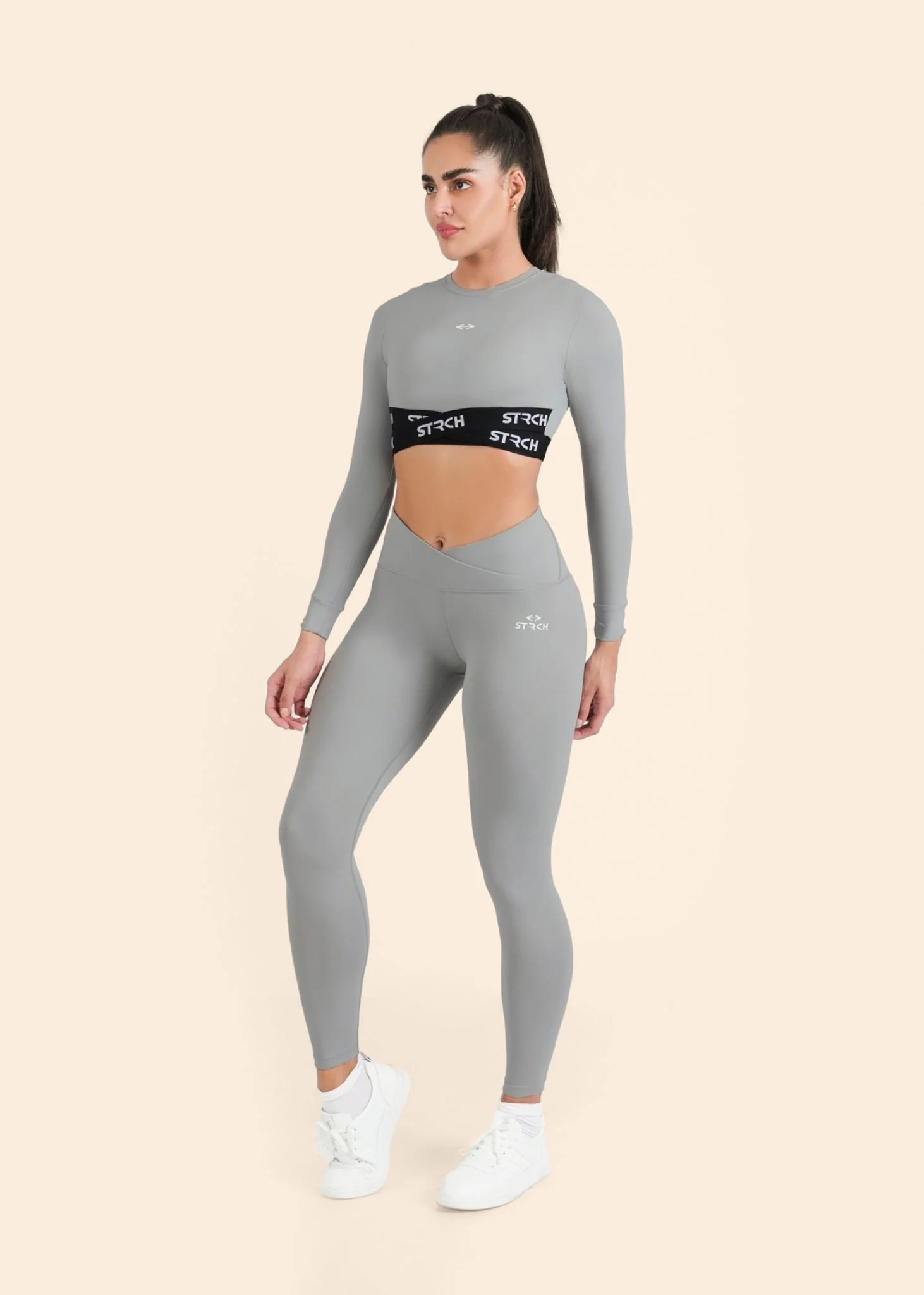 Criss-cross wasitband Leggings - Grey - Image 2