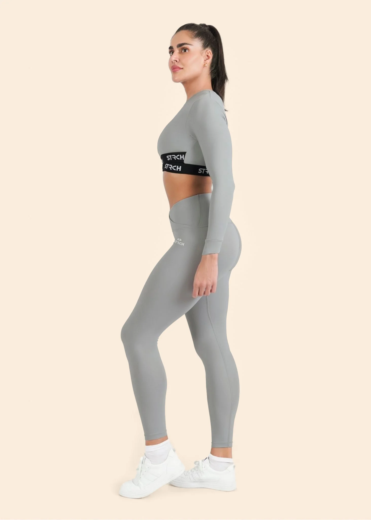 Criss-cross wasitband Leggings - Grey - Image 5