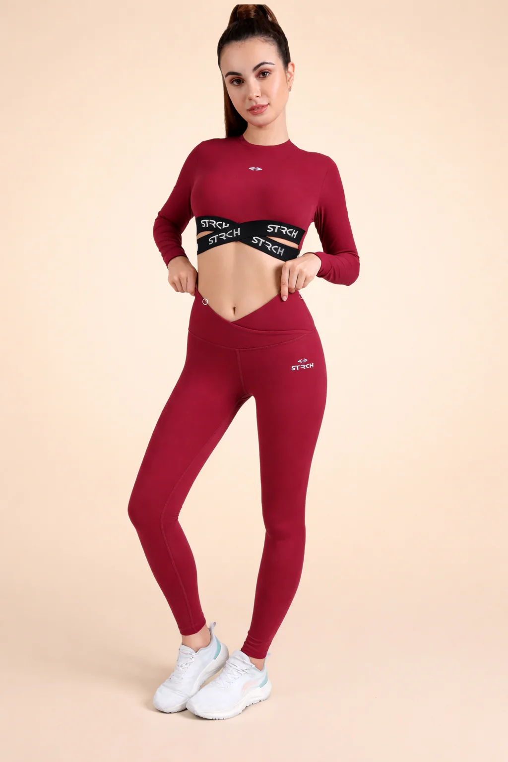Criss-cross wasitband Leggings - Maroon - Image 2