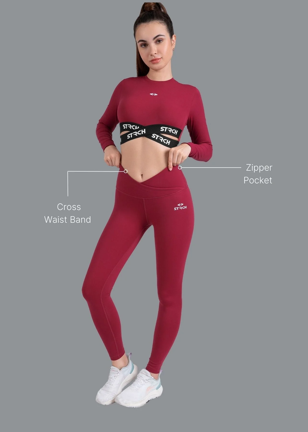 Criss-cross wasitband Leggings - Maroon - Image 3