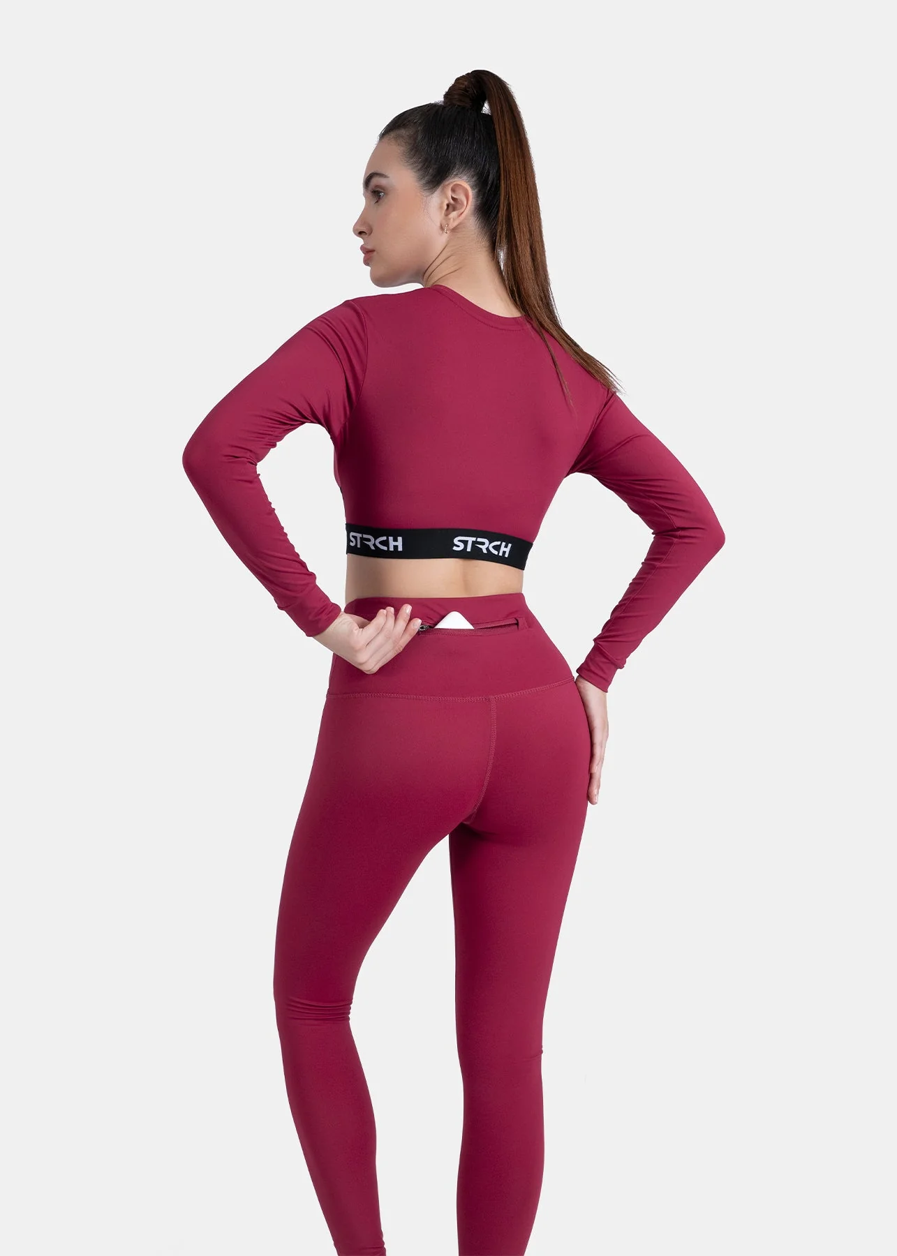 Criss-cross wasitband Leggings - Maroon - Image 4