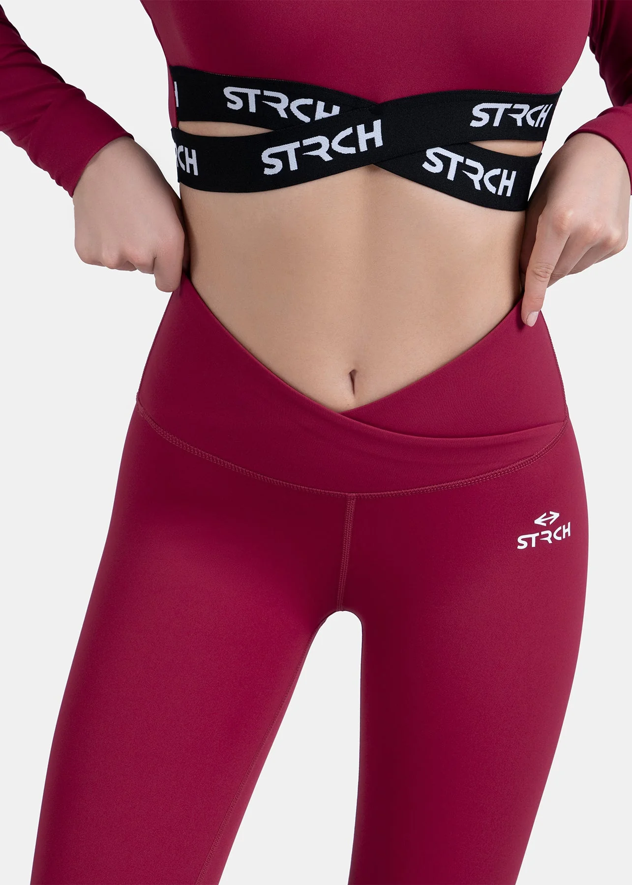 Criss-cross wasitband Leggings - Maroon - Image 5