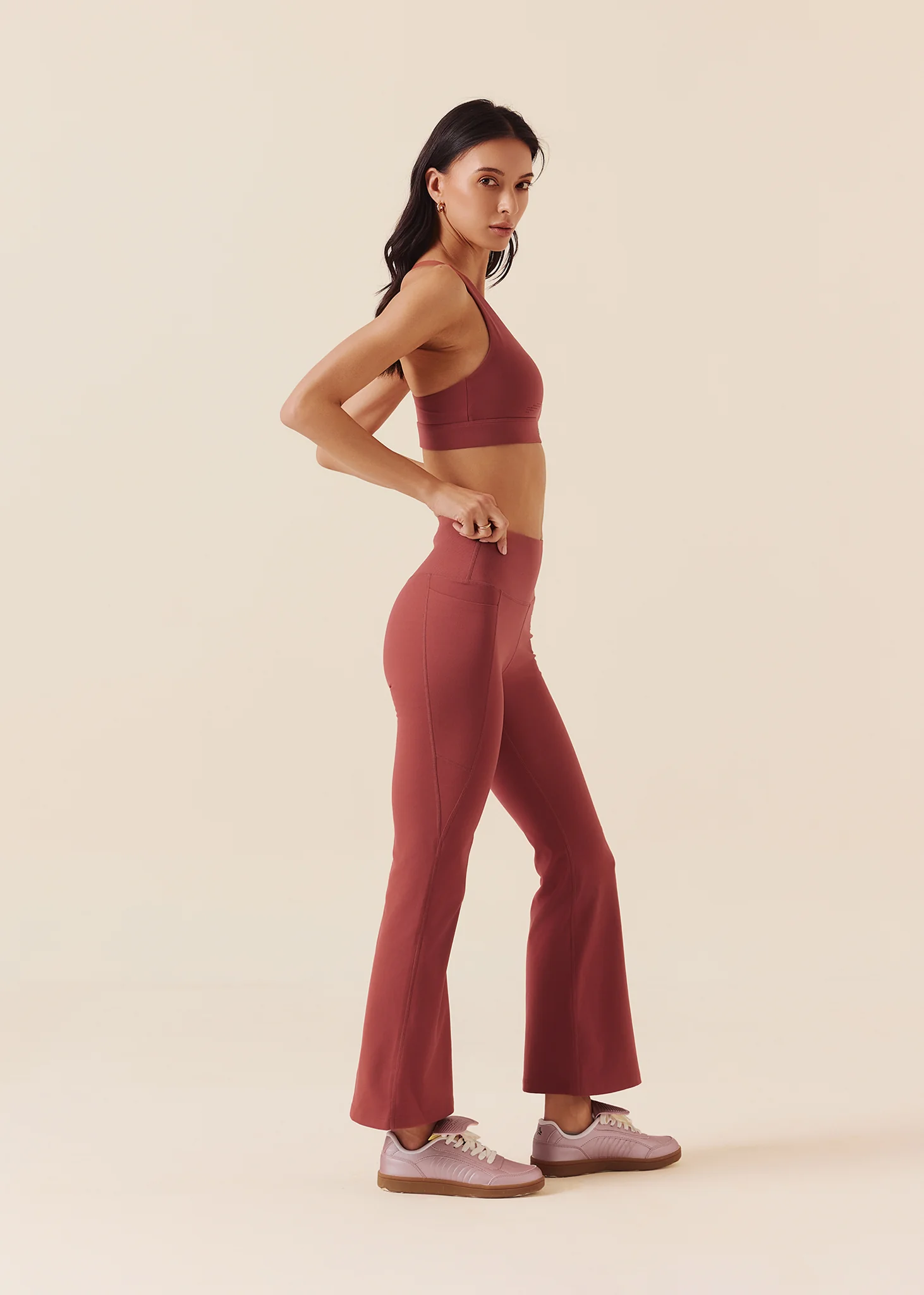 Women Pocket Flare Leggings - Marsala Red - Image 5
