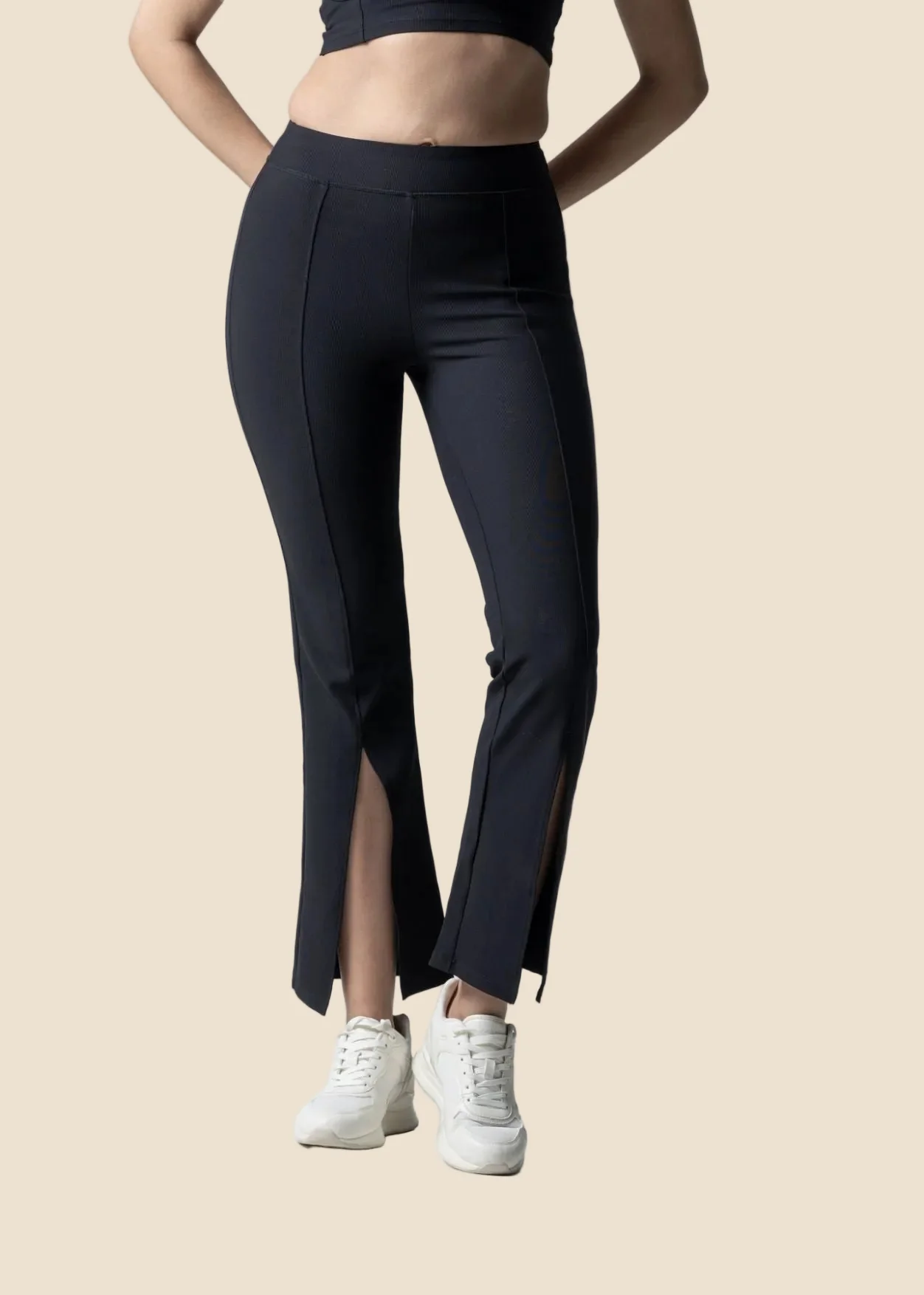 Women Ribbed Flare Pants - Black