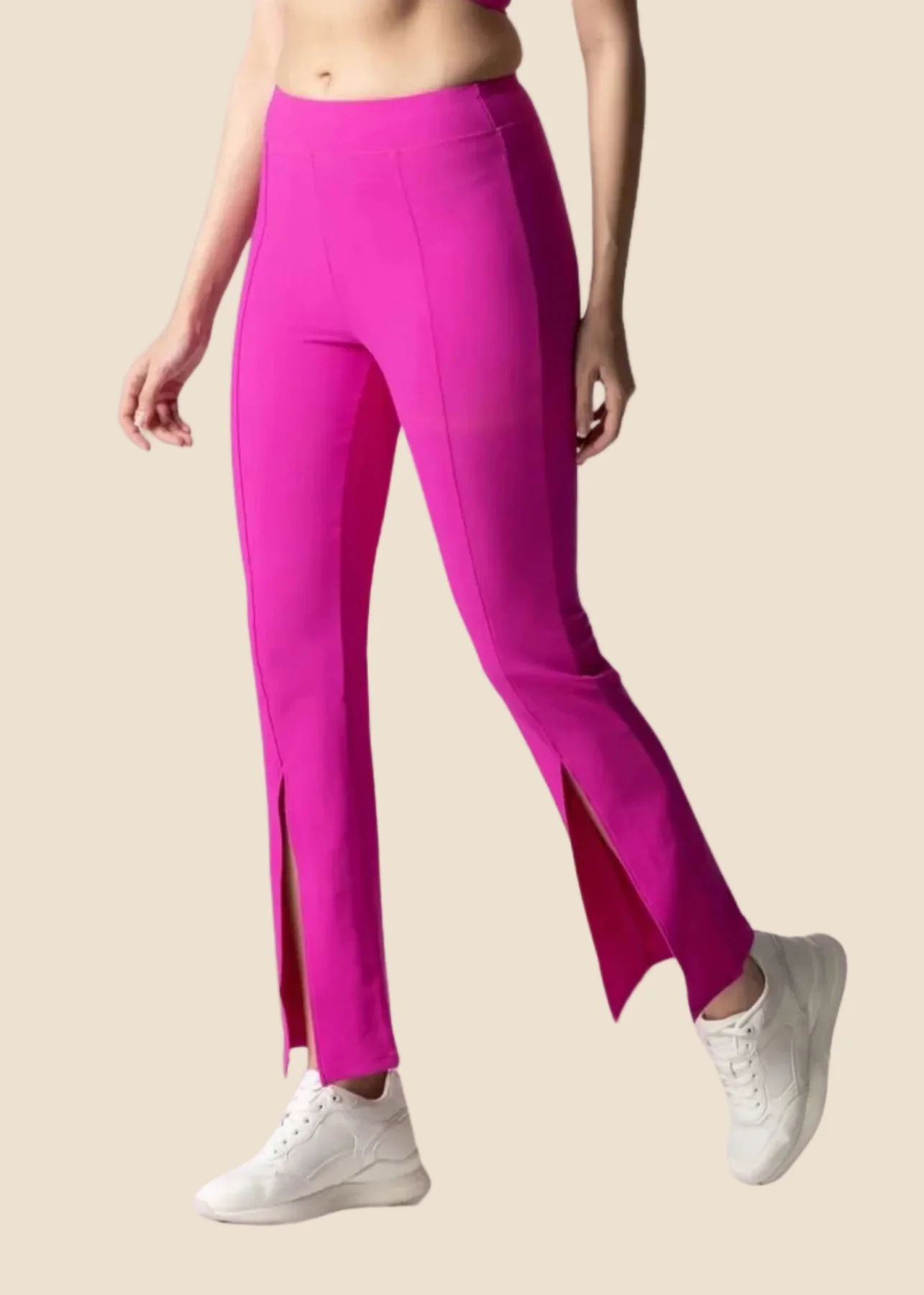 Women Ribbed Flare Pants - Shocking Pink