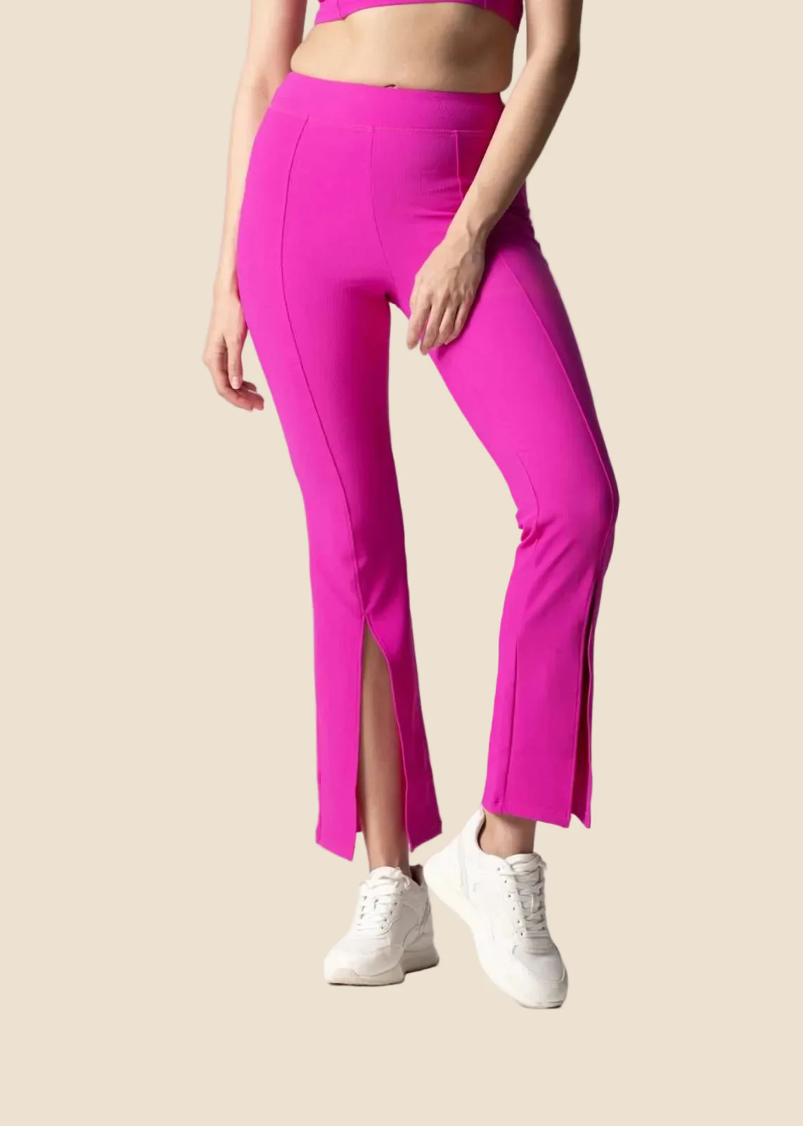 Women Ribbed Flare Pants - Shocking Pink - Image 4