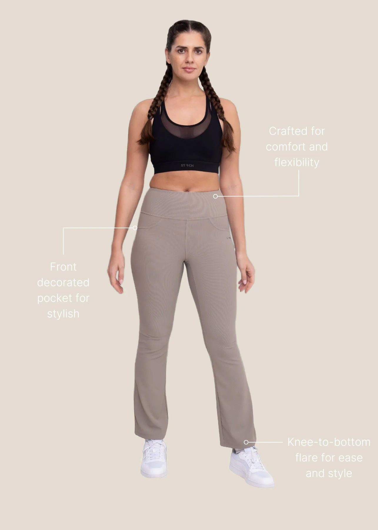 Women Workout Flare Pant - Beige - Image 3