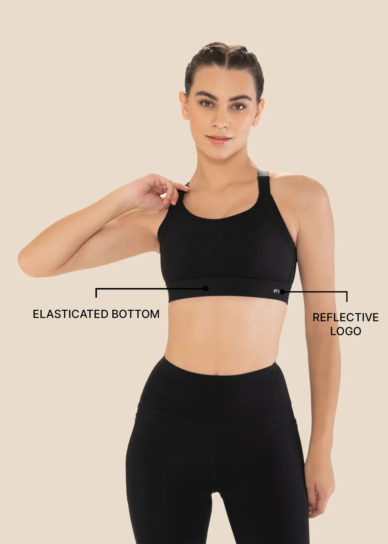 Women Adjustable Strap Gym Bra - Powder Black - Image 3